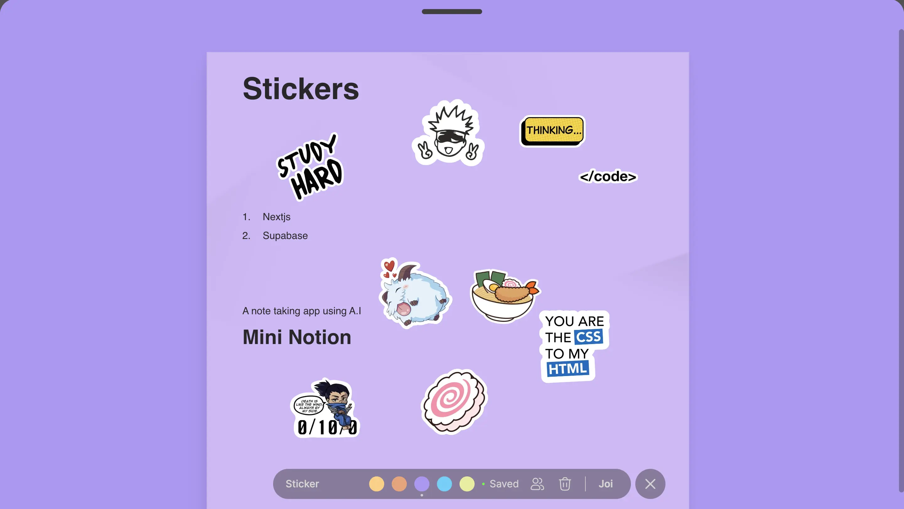 Note-taking interface with stickers in TDNote